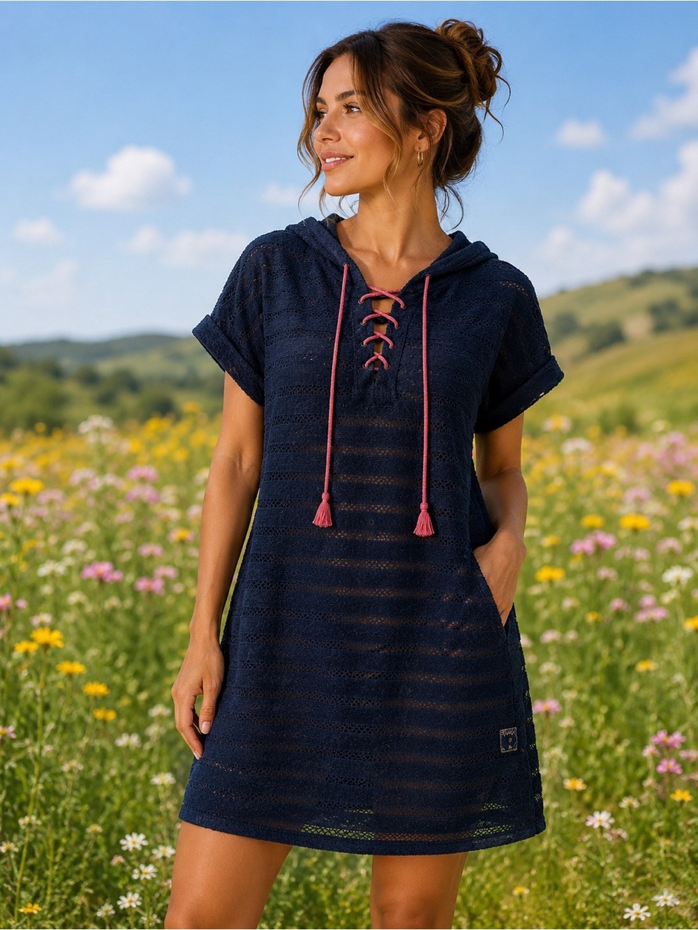 Blue Hooded Lace Cover Up Dress with Pink Accents